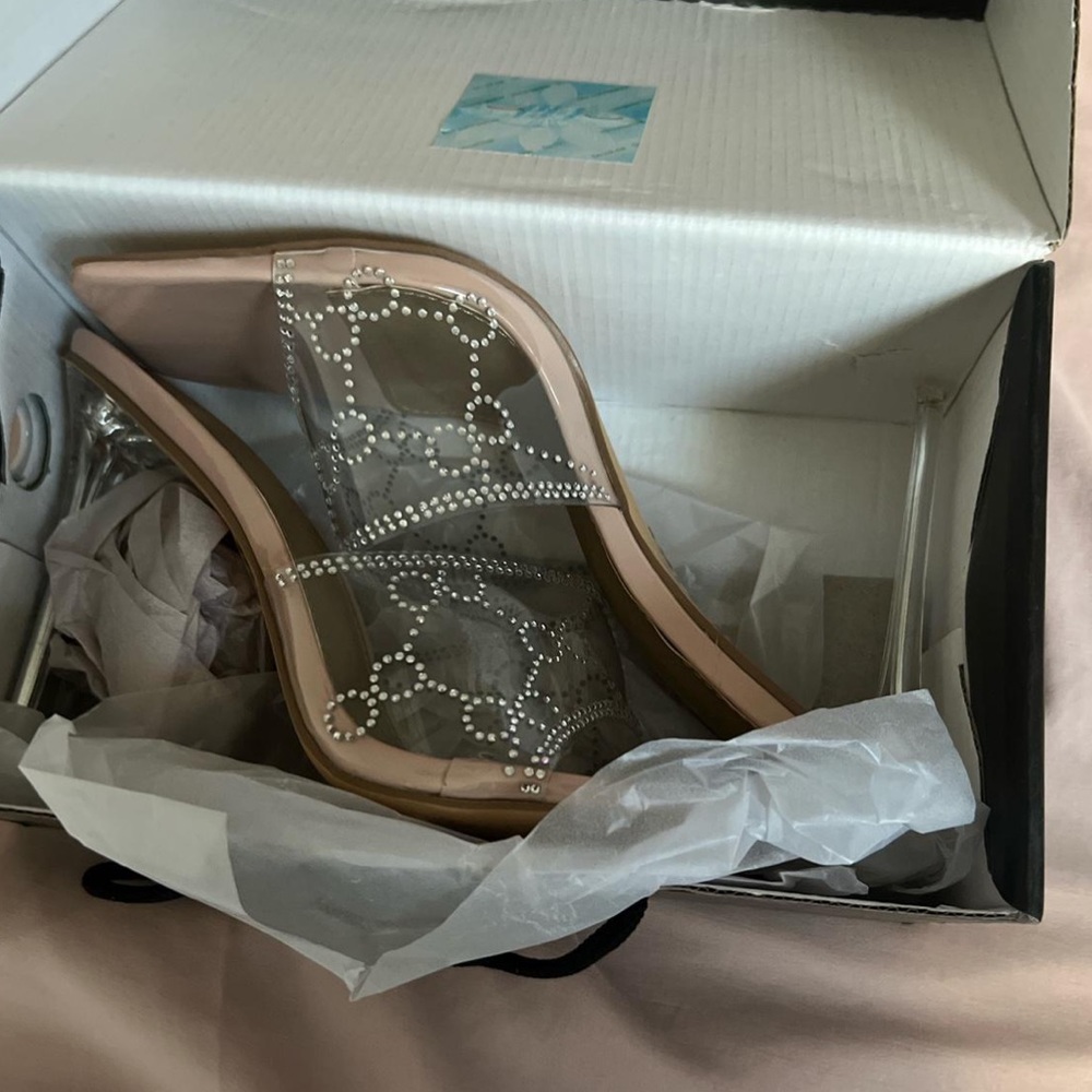 Rhinestone clear & nude open toe heels